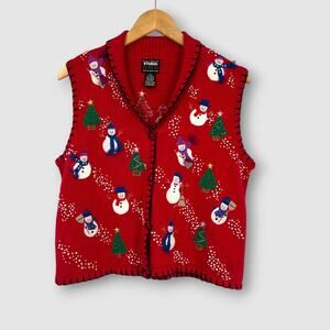 Vintage Snowman Christmas Kitschy Holiday Sweater Vest Red Small